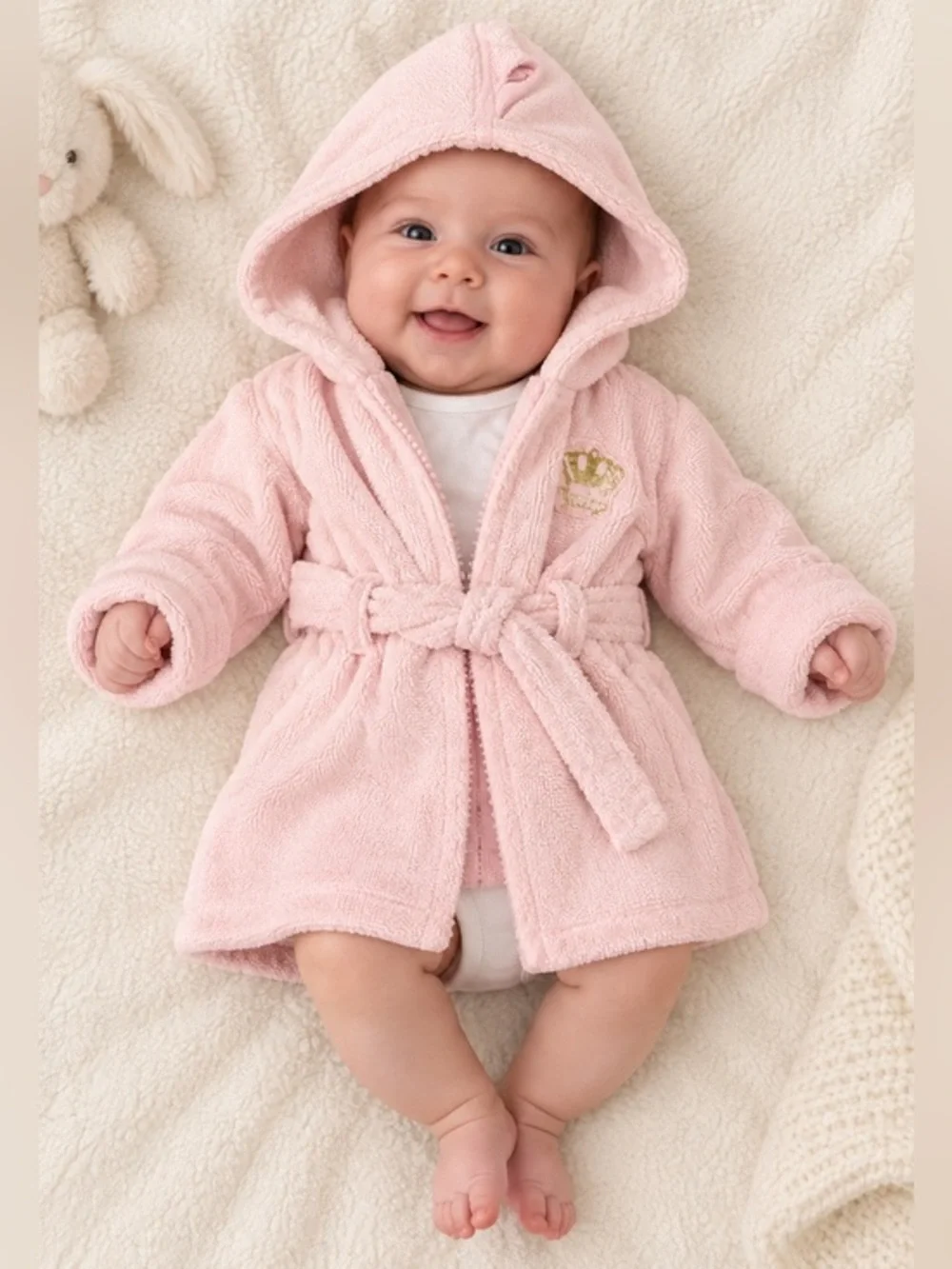 Juicy Couture Baby Pink Hooded Terry Cloth Bathrobe Crown One Size